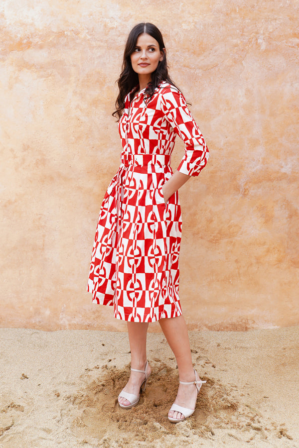 Audrey Dress #1 Shirt Collar 3/4 Sleeve Long Length Cotton Stretch (Geometric Chain)