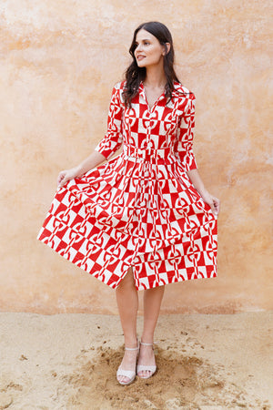 Audrey Dress #1 Shirt Collar 3/4 Sleeve Long Length Cotton Stretch (Geometric Chain)