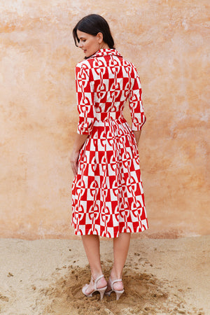 Audrey Dress #1 Shirt Collar 3/4 Sleeve Long Length Cotton Stretch (Geometric Chain)