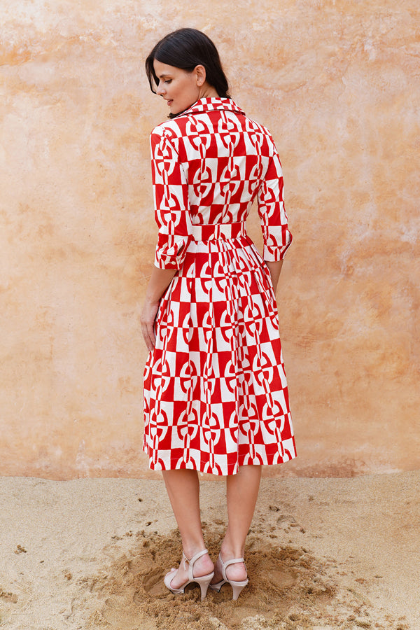 Audrey Dress #1 Shirt Collar 3/4 Sleeve Long Length Cotton Stretch (Geometric Chain)