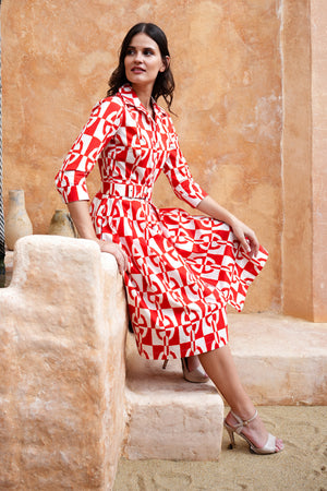Audrey Dress #1 Shirt Collar 3/4 Sleeve Long Length Cotton Stretch (Geometric Chain)