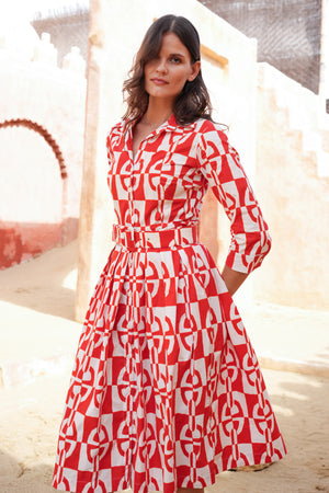 Audrey Dress #1 Shirt Collar 3/4 Sleeve Long Length Cotton Stretch (Geometric Chain)