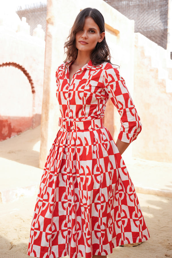 Audrey Dress #1 Shirt Collar 3/4 Sleeve Long Length Cotton Stretch (Geometric Chain)