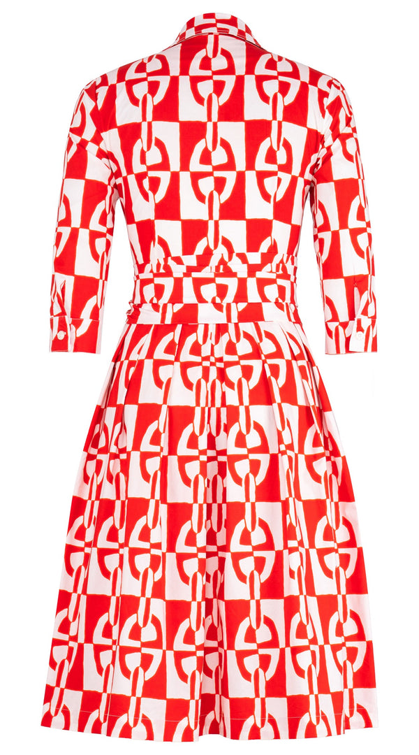 Audrey Dress #4 Shirt Collar 3/4 Sleeve Long Length Cotton Stretch (Geometric Chain)