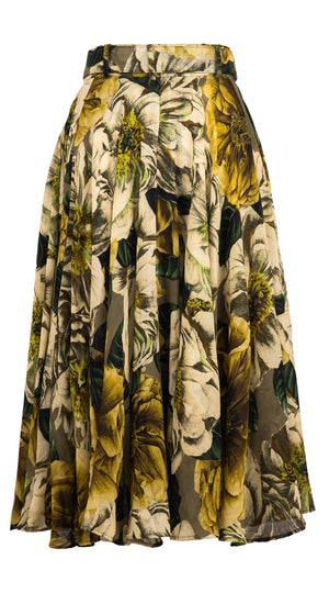 Aster Skirt #1 with Belt Midi Length Wool Musola (Giant Poppy Dark) - Beige Mustard