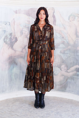 Aster Dress Shirt Collar 3/4 Sleeve Midi Length Wool (Granada Rug) - Ochra