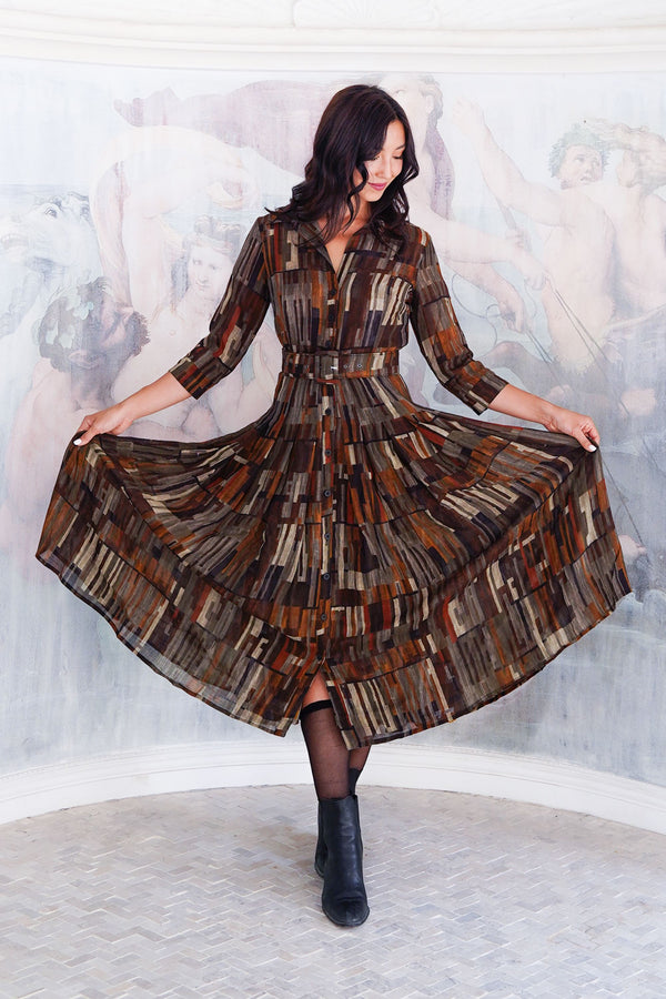 Aster Dress Shirt Collar 3/4 Sleeve Midi Length Wool (Granada Rug) - Ochra