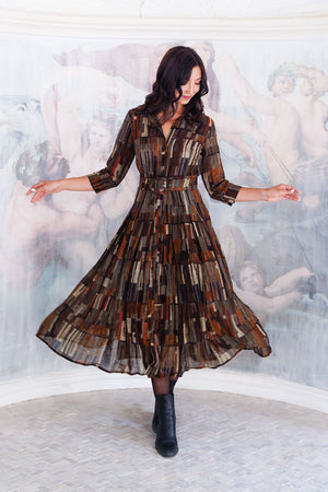 Aster Dress Shirt Collar 3/4 Sleeve Midi Length Wool (Granada Rug) - Ochra