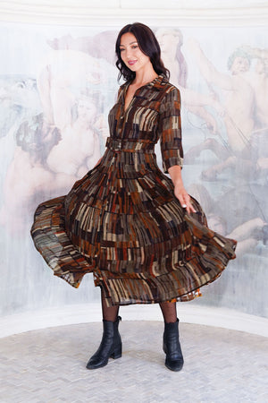 Aster Dress Shirt Collar 3/4 Sleeve Midi Length Wool (Granada Rug) - Ochra