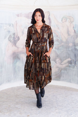 Aster Dress Shirt Collar 3/4 Sleeve Midi Length Wool (Granada Rug) - Ochra