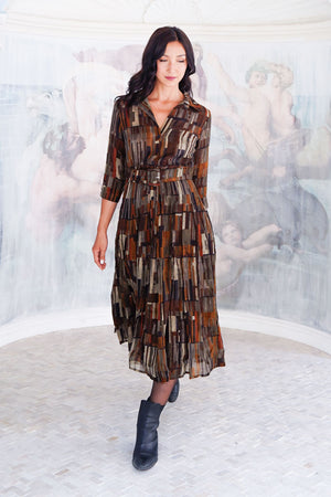 Aster Dress Shirt Collar 3/4 Sleeve Midi Length Wool (Granada Rug) - Ochra