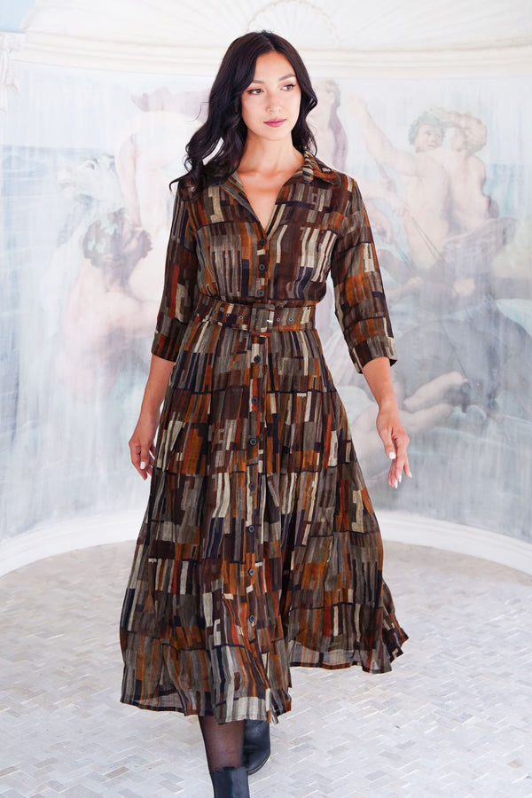 Aster Dress Shirt Collar 3/4 Sleeve Midi Length Wool (Granada Rug) - Ochra