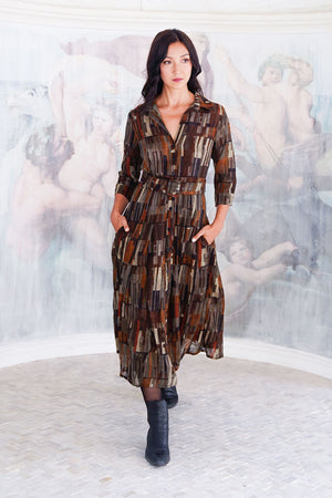 Aster Dress Shirt Collar 3/4 Sleeve Midi Length Wool (Granada Rug) - Ochra