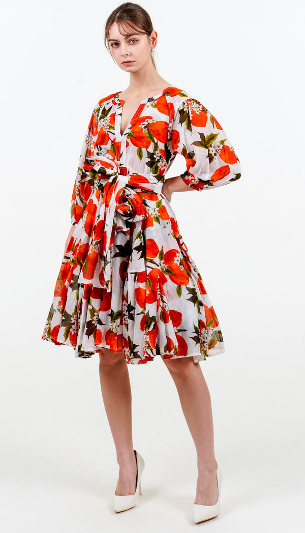 Birdy Dress #2 Crew Neck Slit 3/4 Puff Sleeve Petite Length Cotton Musola (Lemon Original)