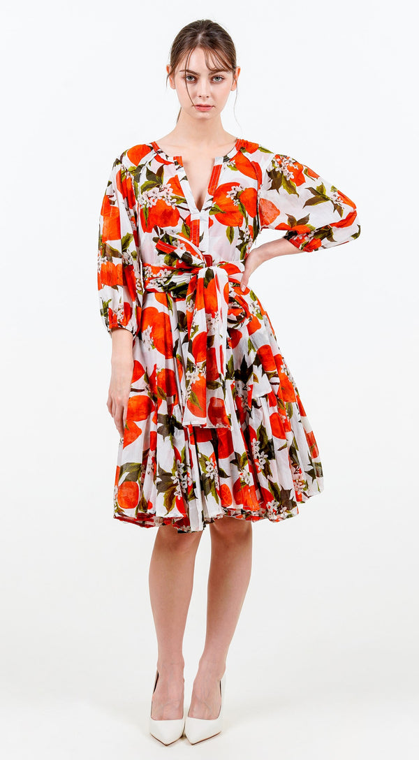 Birdy Dress #2 Crew Neck Slit 3/4 Puff Sleeve Petite Length Cotton Musola (Lemon Original)