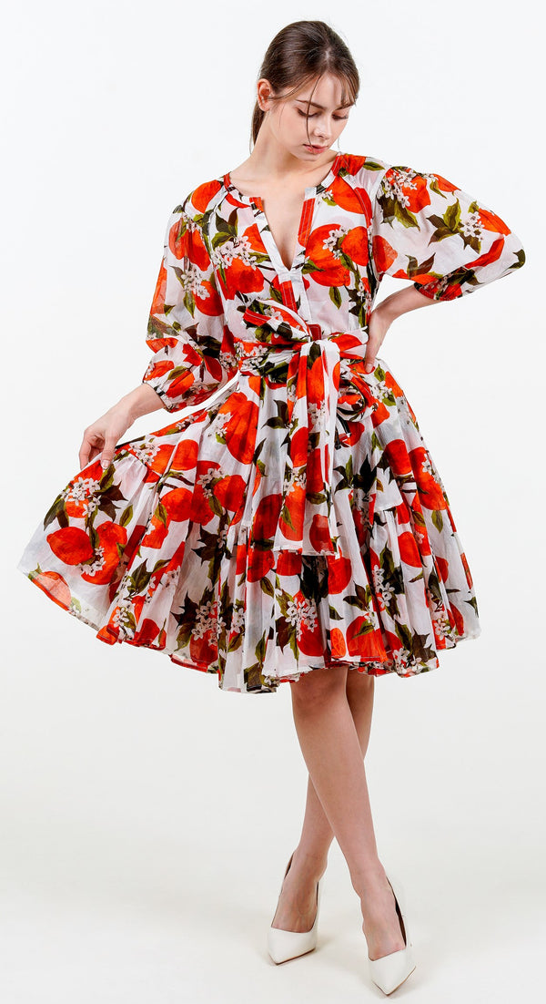 Birdy Dress #2 Crew Neck Slit 3/4 Puff Sleeve Petite Length Cotton Musola (Lemon Original)