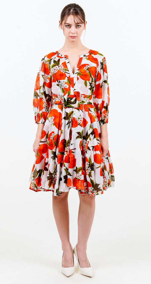 Birdy Dress #2 Crew Neck Slit 3/4 Puff Sleeve Petite Length Cotton Musola (Lemon Original)