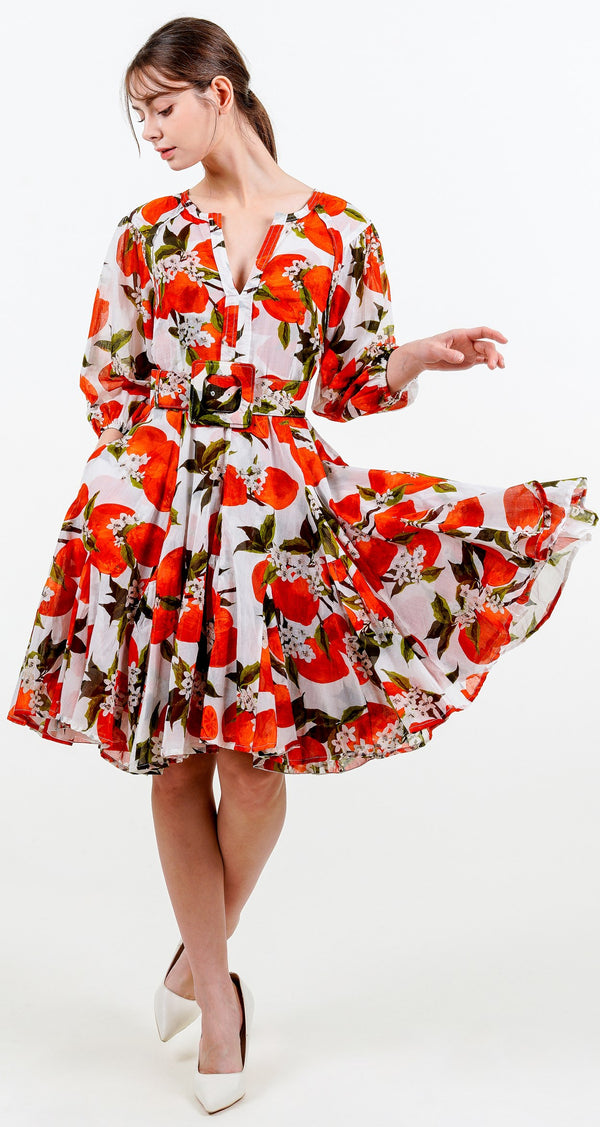 Birdy Dress #2 Crew Neck Slit 3/4 Puff Sleeve Petite Length Cotton Musola (Lemon Original)