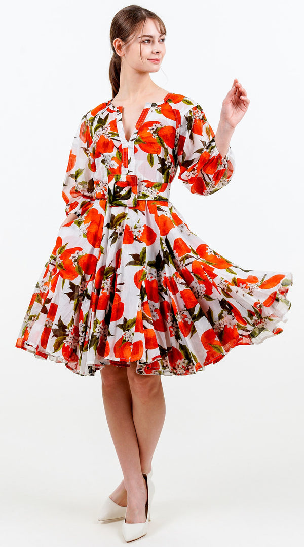 Birdy Dress #2 Crew Neck Slit 3/4 Puff Sleeve Petite Length Cotton Musola (Lemon Original)