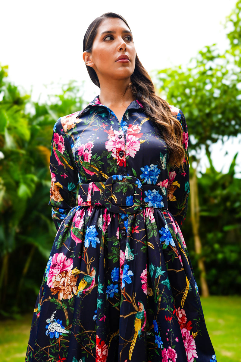 Sabrina Dress Shirt Collar 3/4 Sleeve Midi Plus Length Poliamide Taffta (Heart Manor)