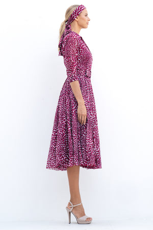 Aster Dress Shirt Collar 3/4 Sleeve Midi Length Cotton Musola (Heart Wave)