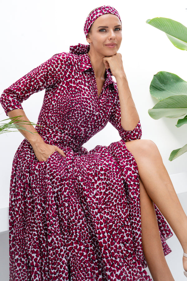 Aster Dress Shirt Collar 3/4 Sleeve Midi Length Cotton Musola (Heart Wave)