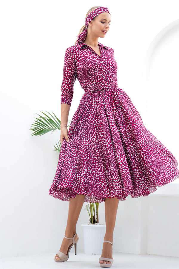 Aster Dress Shirt Collar 3/4 Sleeve Midi Length Cotton Musola (Heart Wave)