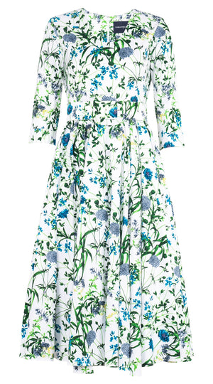 Abelia Dress V Neck 3/4 Sleeve Midi Length Cotton Stretch (Hempstead Flower)