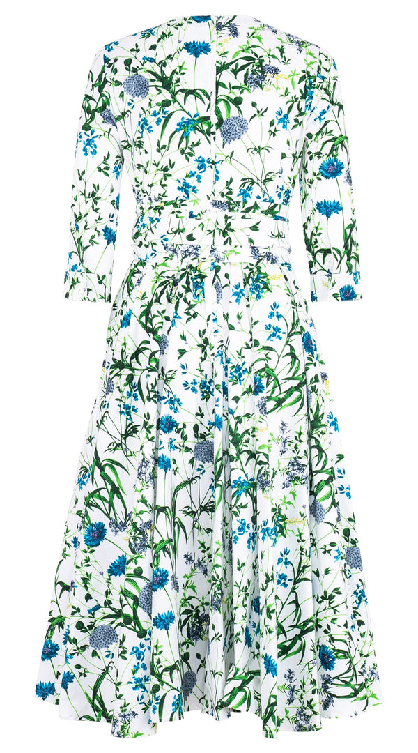 Abelia Dress V Neck 3/4 Sleeve Midi Length Cotton Stretch (Hempstead Flower)