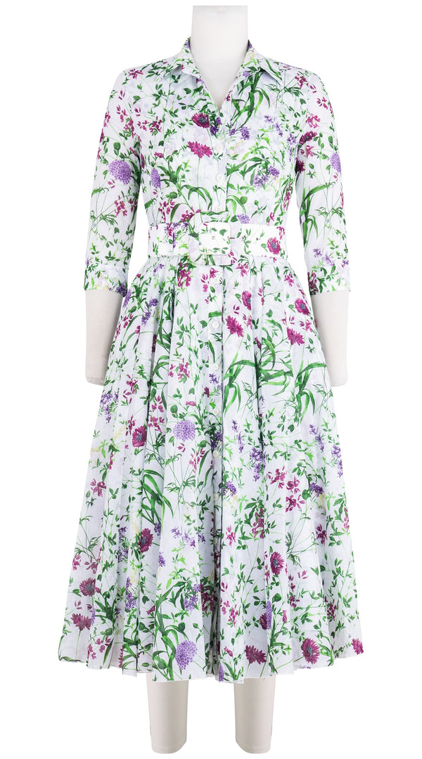 Aster Dress Shirt Collar 3/4 Sleeve Midi Length Cotton Musola (Hempstead Flower)