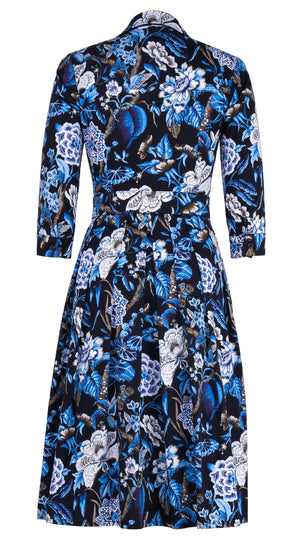 Audrey Dress #1 Shirt Collar 3/4 Sleeve Long Length Cotton Stretch (Hill Garden Ground)