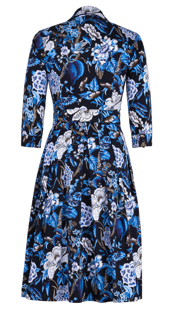 Audrey Dress #1 Shirt Collar 3/4 Sleeve Long Length Cotton Stretch (Hill Garden Ground)