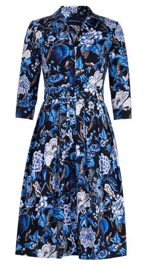 Audrey Dress #1 Shirt Collar 3/4 Sleeve Long Length Cotton Stretch (Hill Garden Ground)