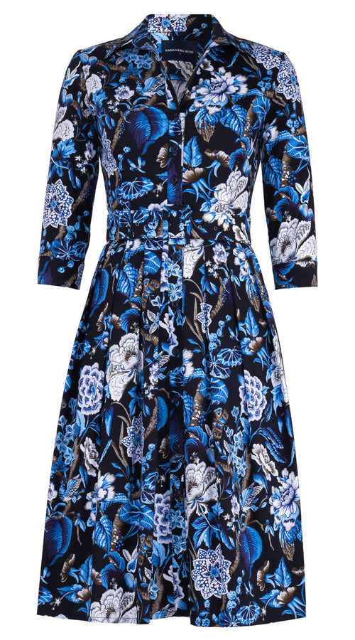 Audrey Dress #1 Shirt Collar 3/4 Sleeve Long Length Cotton Stretch (Hill Garden Ground)