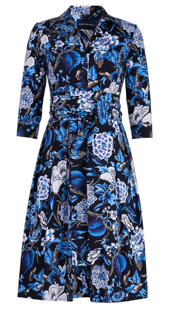 Audrey Dress #1 Shirt Collar 3/4 Sleeve Long Length Cotton Stretch (Hill Garden Ground)