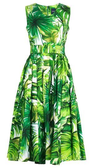 Abelia Dress V Neck Sleeveless Midi Length Cotton Stretch (Honolulu Palm)