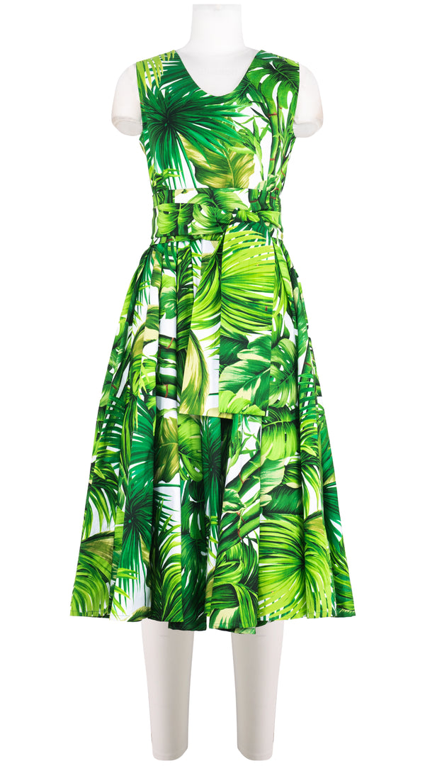Abelia Dress V Neck Sleeveless Midi Length Cotton Stretch (Honolulu Palm)
