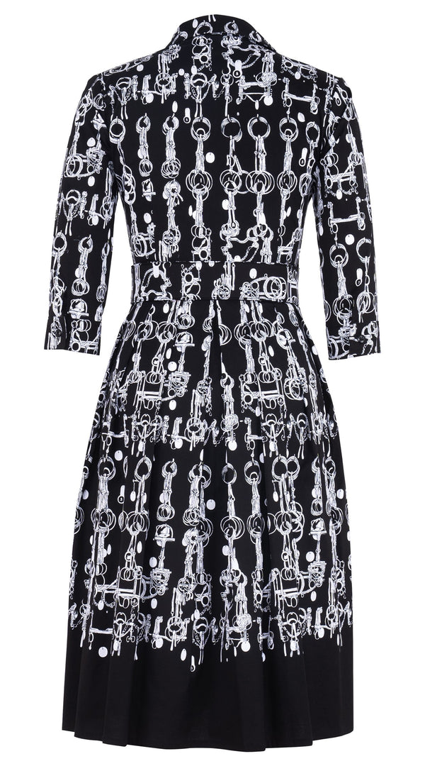 Audrey Dress #1 Shirt Collar 3/4 Sleeve Long Length Cotton Stretch (Horse Chain)