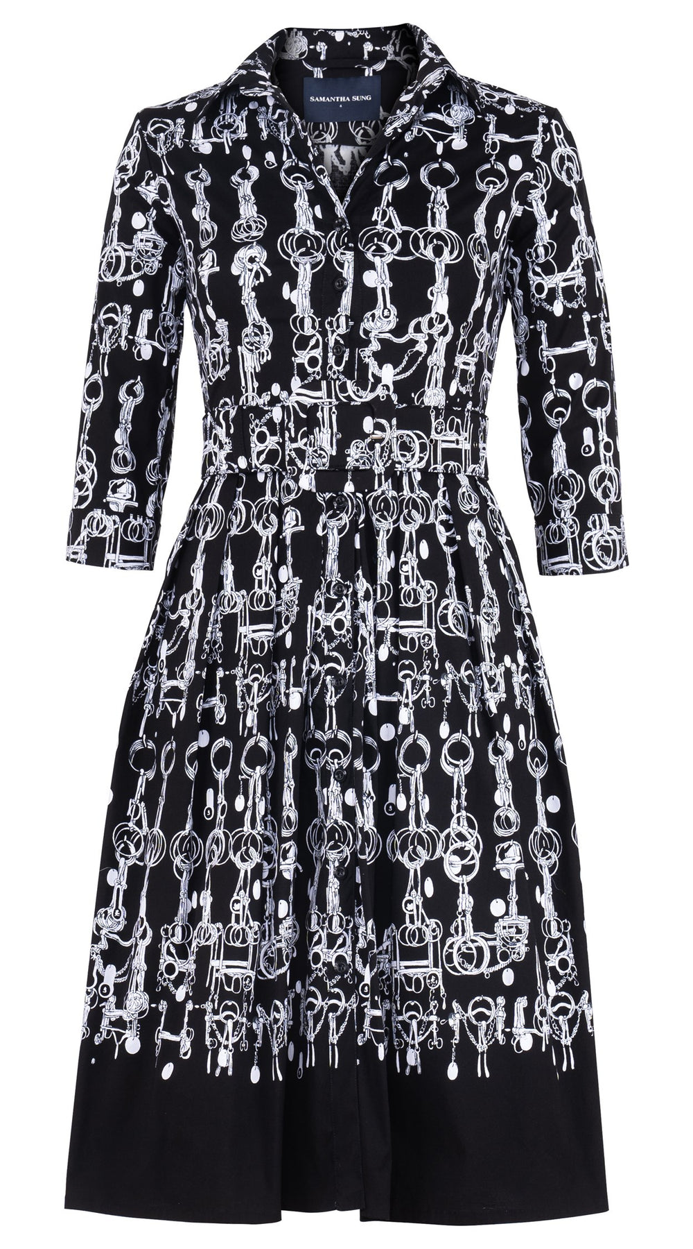 Audrey Dress #1 Shirt Collar 3/4 Sleeve Long Length Cotton Stretch (Horse Chain)