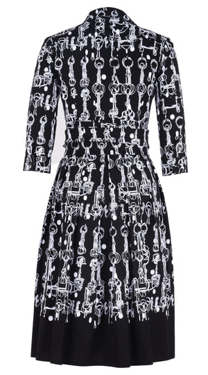 Audrey Dress #1 Shirt Collar 3/4 Sleeve Long Length Cotton Stretch (Horse Chain)