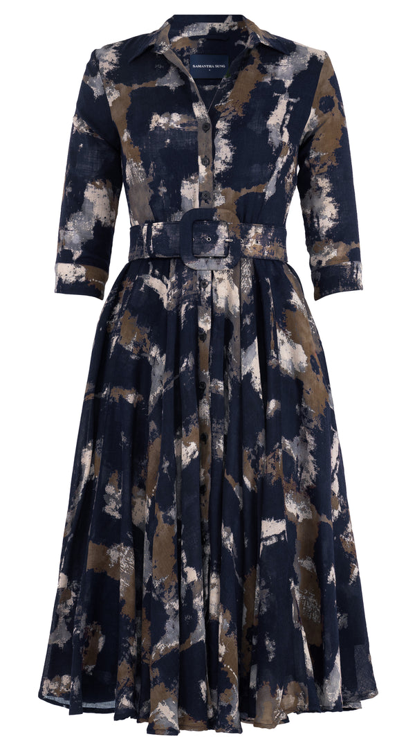 Aster Dress Shirt Collar 3/4 Sleeve Midi Length Wool (Jupitar Check) - Indigo