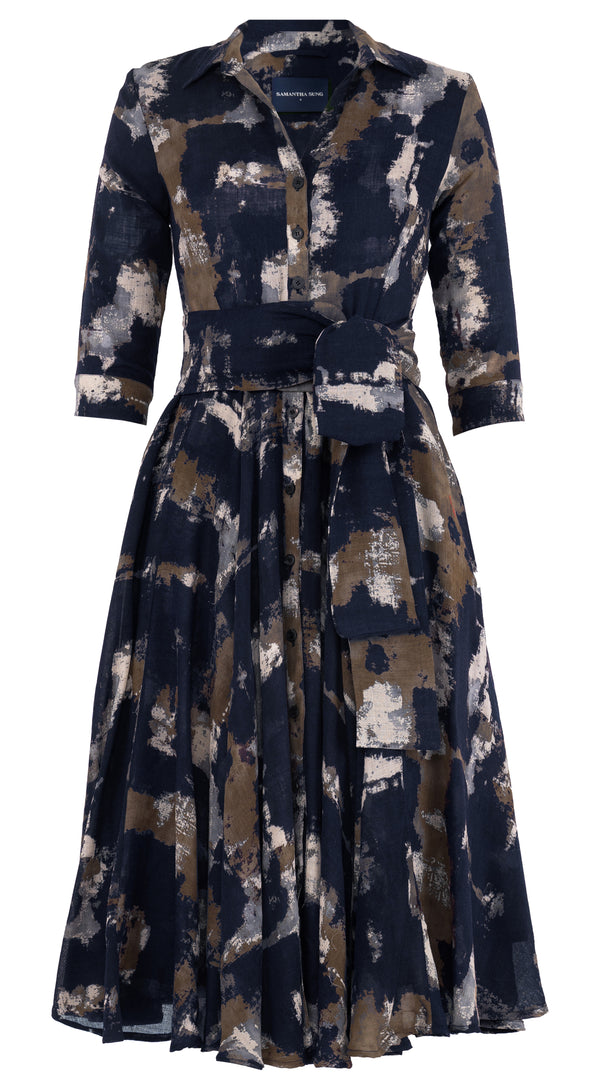 Aster Dress Shirt Collar 3/4 Sleeve Midi Length Wool (Jupitar Check) - Indigo