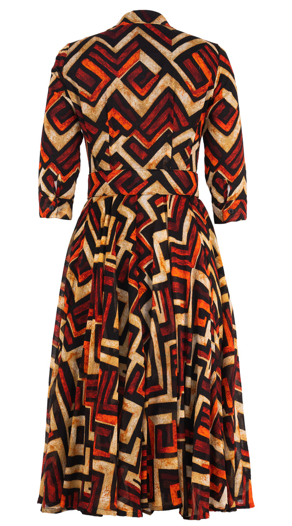 Aster Dress Shirt Collar 3/4 Sleeve Midi Length Wool Musola (Kente Zigzag)
