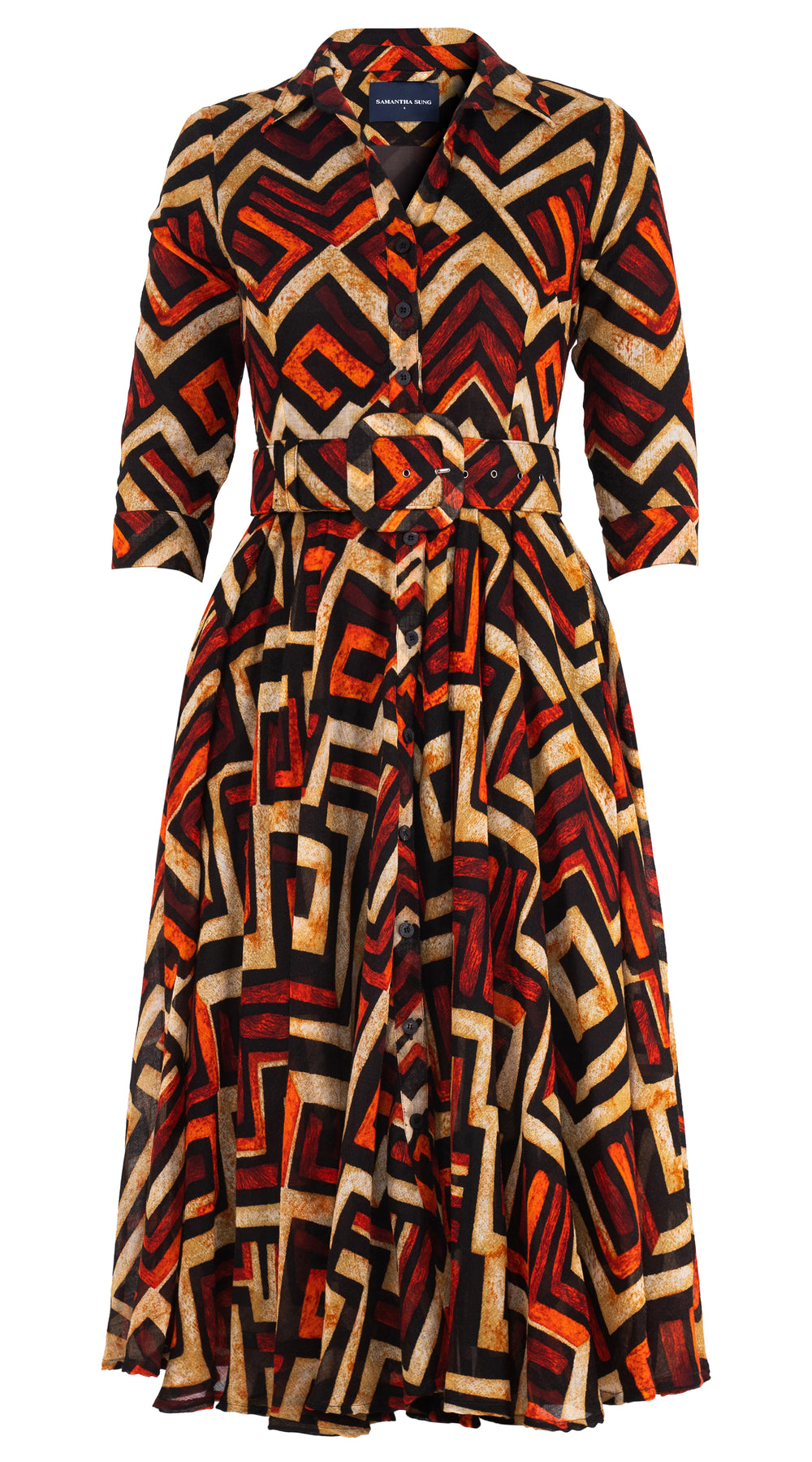 Aster Dress Shirt Collar 3/4 Sleeve Midi Length Wool Musola (Kente Zigzag)