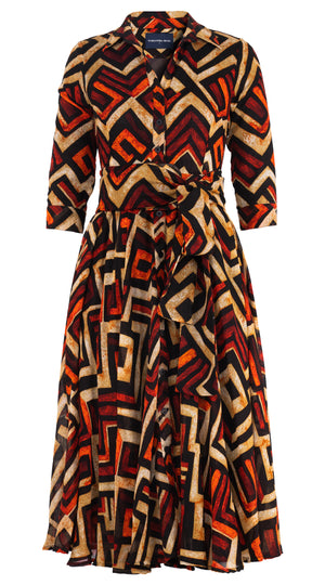 Aster Dress Shirt Collar 3/4 Sleeve Midi Length Wool Musola (Kente Zigzag)
