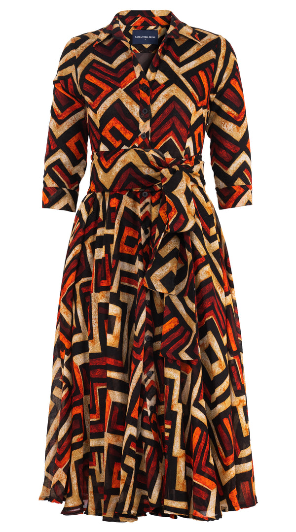 Aster Dress Shirt Collar 3/4 Sleeve Midi Length Wool Musola (Kente Zigzag)