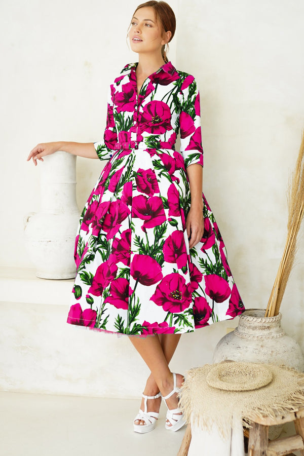 Lana Dress Shirt Collar 3/4 Sleeve Midi Cotton Stretch (Poppy Poland Big)