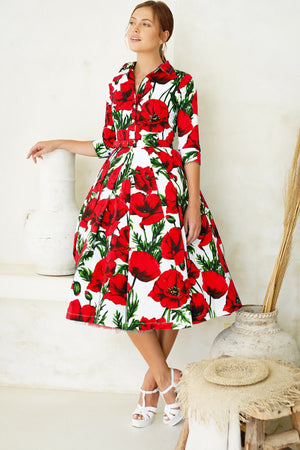 Lana Dress Shirt Collar 3/4 Sleeve Midi Cotton Stretch (Poppy Poland Big)