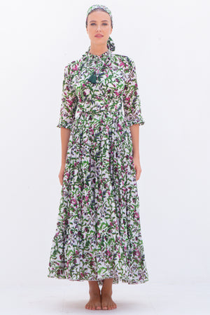 Eden Dress Crew Neck 3/4 Sleeve with Hamilton Belt Maxi Length Cotton Musola (Lavender Haze)