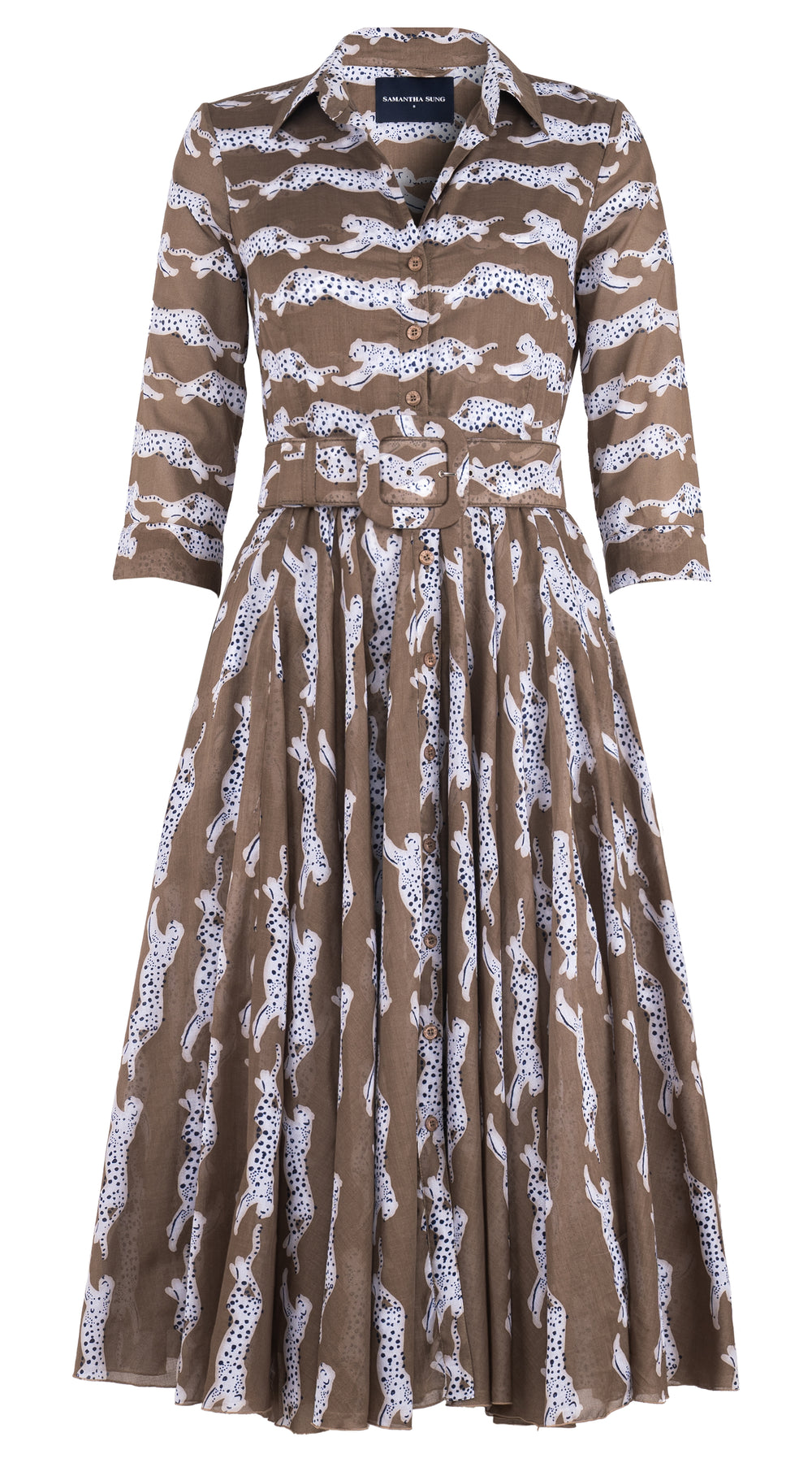 Aster Dress Shirt Collar 3/4 Sleeve Midi Length Cotton Musola (Leaping Tiger)